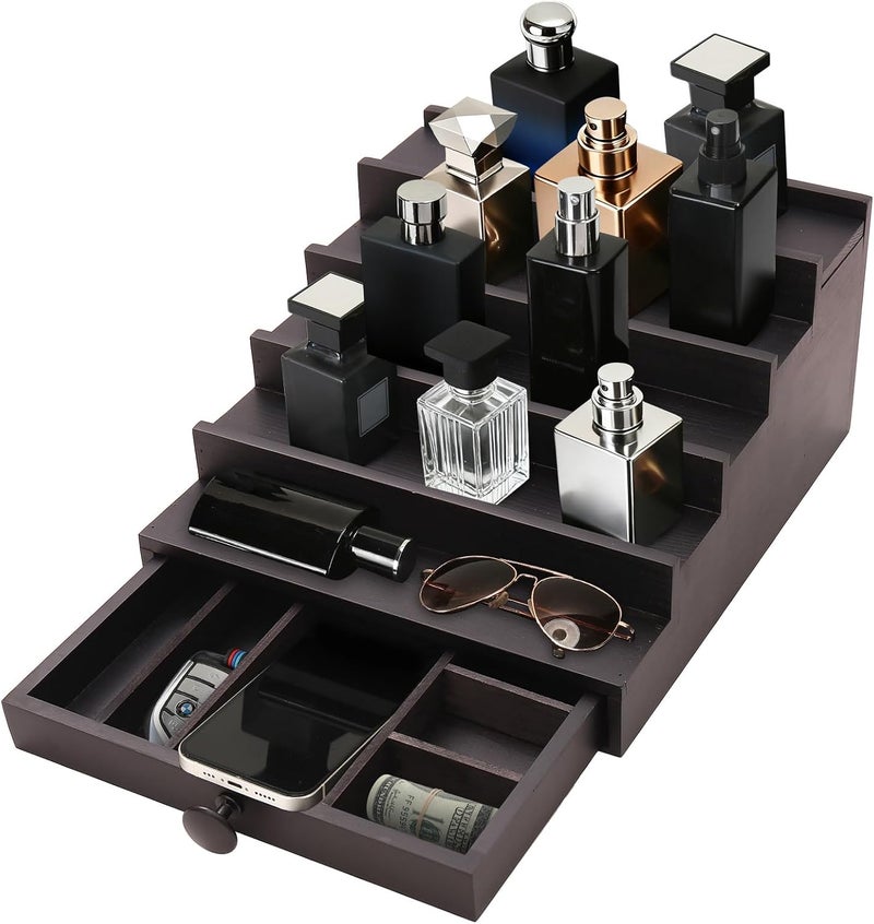 Fengligoo 5 Tier Cologne Organizer for Men - Wooden Black Cologne Perfume Display Stand with Drawer and Hidden Compartment, Mens Cologne Holder Shelf for Organizing and Storing - Image 3